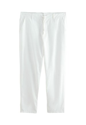 Pantaloni bianchi in cotone con vestibilità ampia, dotati di vita elasticizzata, due tasche laterali e chiusura con coulisse.