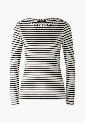 Lange mouwen, ronde hals top in het wit met gedurfde zwarte horizontale strepen. Heeft een getailleerd ontwerp en een zachte katoenstof.