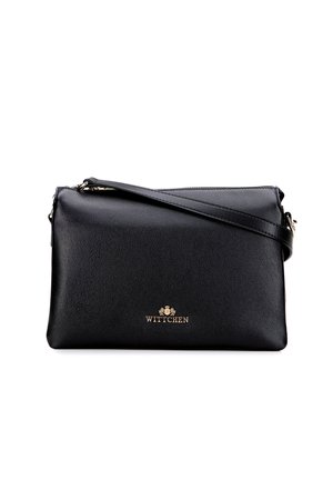 Borsa a tracolla nera in pelle con finitura testurizzata, dettagli in oro e chiusura con zip. Caratterizzata da una tracolla removibile e logo in rilievo.