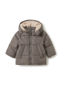 Donsjack in donkergrijs met een fuzzy beige binnenvoering. Bevat een capuchon, ritsluiting en twee voorzakken. Groot, geweven ontwerp.