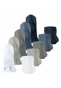 Zestaw dziesięciu par skarpetek za kostkę, w różnych odcieniach szarości, granatu i bieli. Gładka faktura z prążkowanymi mankietami i nadrukowanym logo.