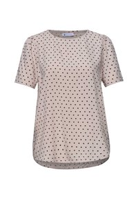 Blouse beige à manches courtes avec col rond et petits pois noirs répartis de manière régulière, avec un ourlet légèrement arrondi.