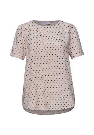 Beige kurzärmelige Bluse mit rundem Ausschnitt und gleichmäßig verteilten kleinen schwarzen Punkten, mit leicht abgerundetem Saum.