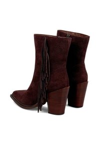 Botines de ante marrón con tacón apilado, que cuentan con cremallera lateral y detalle de flecos a lo largo del lado exterior.