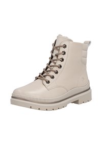 Beige leather ankle boot with a textured finish, black eyelets, and brown laces. Features a raised heel and a rugged sole for grip.