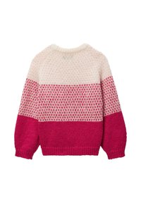 Pull en tricot avec un motif texturé dans des sections crème, rose clair et rose foncé. Encolure ronde et finitions côtelées aux poignets et à l'ourlet.