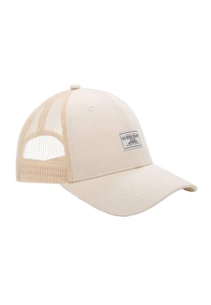 Beige Baseballkappe mit Netzrückseite und einem Aufnäher vorne mit der Aufschrift "Guess Jeans Authentic".