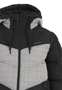 Black puffer jacket featuring a gray textured panel, high collar, zip closure, and drawstring hood. Embroidered logo on chest.