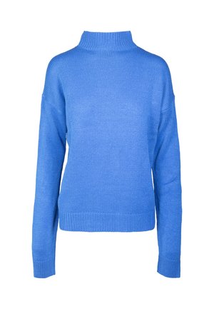 Sinine kootud kampsun pikkade varrukatega, soonikkoes kõrge kaelusega, mansettide ja äärega, nähtav eest valgel taustal.