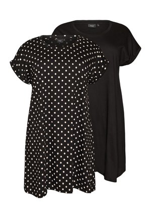 To knælange kjoler til kvinder, den ene sort med hvide polkaprikker og den anden ensfarvet sort, begge med korte ærmer og rund hals.