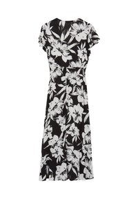 Robe florale en tissu noir avec motif de fleurs blanches. Manches courtes, taille cintrée et ourlet fluide. Matériau léger, design décontracté.