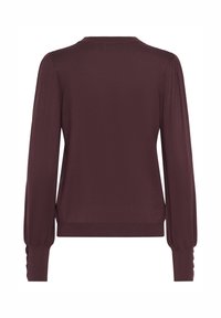 Maroon pullover sweater, lightweight knit, long puff sleeves, ribbed cuffs and hem, smooth texture, minimalist design, no visible embellishments.