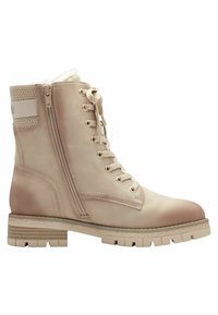 Bottine beige à lacets avec une fermeture éclair sur le côté, accents en tissu texturé, semelle en caoutchouc et col rembourré, dotée d'une finition en cuir lisse.