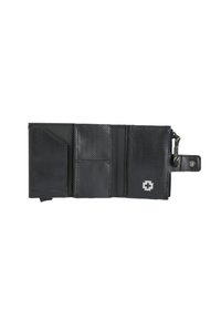Portafoglio nero realizzato in materiale sintetico testurizzato, con più scomparti per carte, una tasca con zip e un logo in basso a destra.
