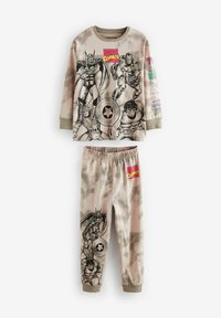 Bavlnený pyžamový set so svetlo béžovým a šedým tie-dye vzorom, dlhými rukávmi a grafikou superhrdinov na tričku a elastickým pásom na zodpovedajúcich nohaviciach.