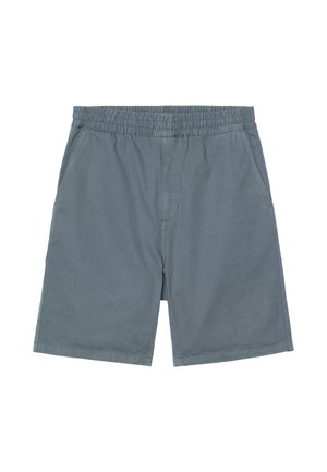 Pantalones cortos grises de hombre con cintura elástica, bolsillos laterales, corte de pierna recta y costuras cosidas.