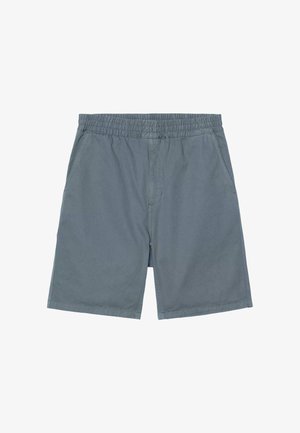 Pantalones cortos grises de hombre con cintura elástica, bolsillos laterales, corte de pierna recta y costuras cosidas.
