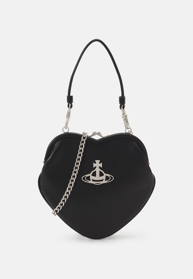 Heart-shaped black leather bag with a silver logo, a top zipper closure, short leather handle, and a detachable silver chain strap.