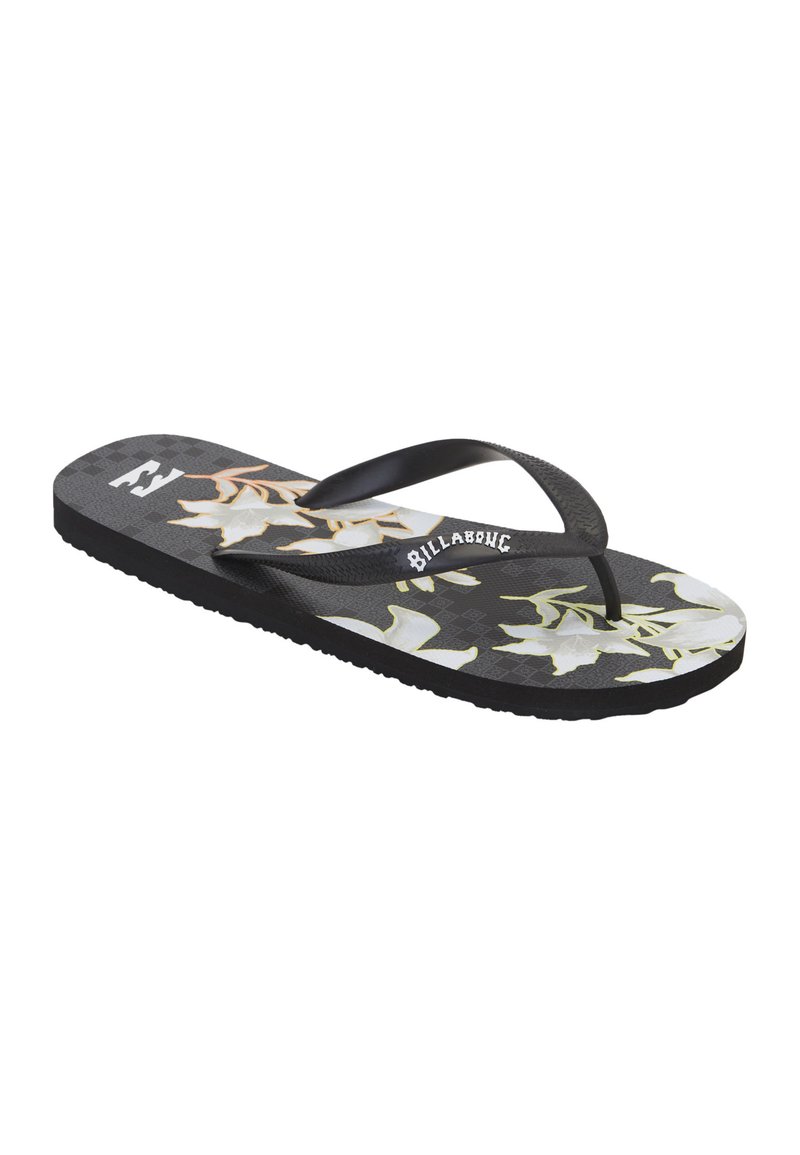 Zwarte flip-flops met een bloemenpatroon in wit en groen, met een gestructureerde voetbed en zwarte rubberen tussenbanden. Merklogo aan de bovenkant.