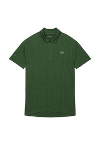 Polo shirt verde a maniche corte con motivo a griglia sottile, colletto con due bottoni e logo del coccodrillo Lacoste sul lato sinistro del petto.
