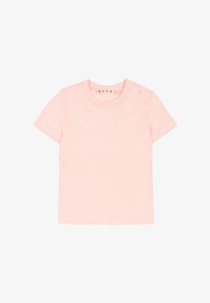 Jasnoróżowy bawełniany t-shirt z krótkimi rękawami i okrągłym dekoltem, z zatrzaskami na ramionach. Przód ozdobiony białym nadrukiem logo "MARNI".
