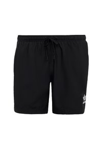Sorte sportshorts laget av lett stoff. Har elastisk midjebånd med snor og en hvit logo nederst til venstre.