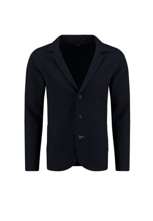 Marineblazer mit klassischem Design, ausgestattet mit Revers, vier Knöpfen und einem strukturierten Stoff, der eine formelle Silhouette verleiht.