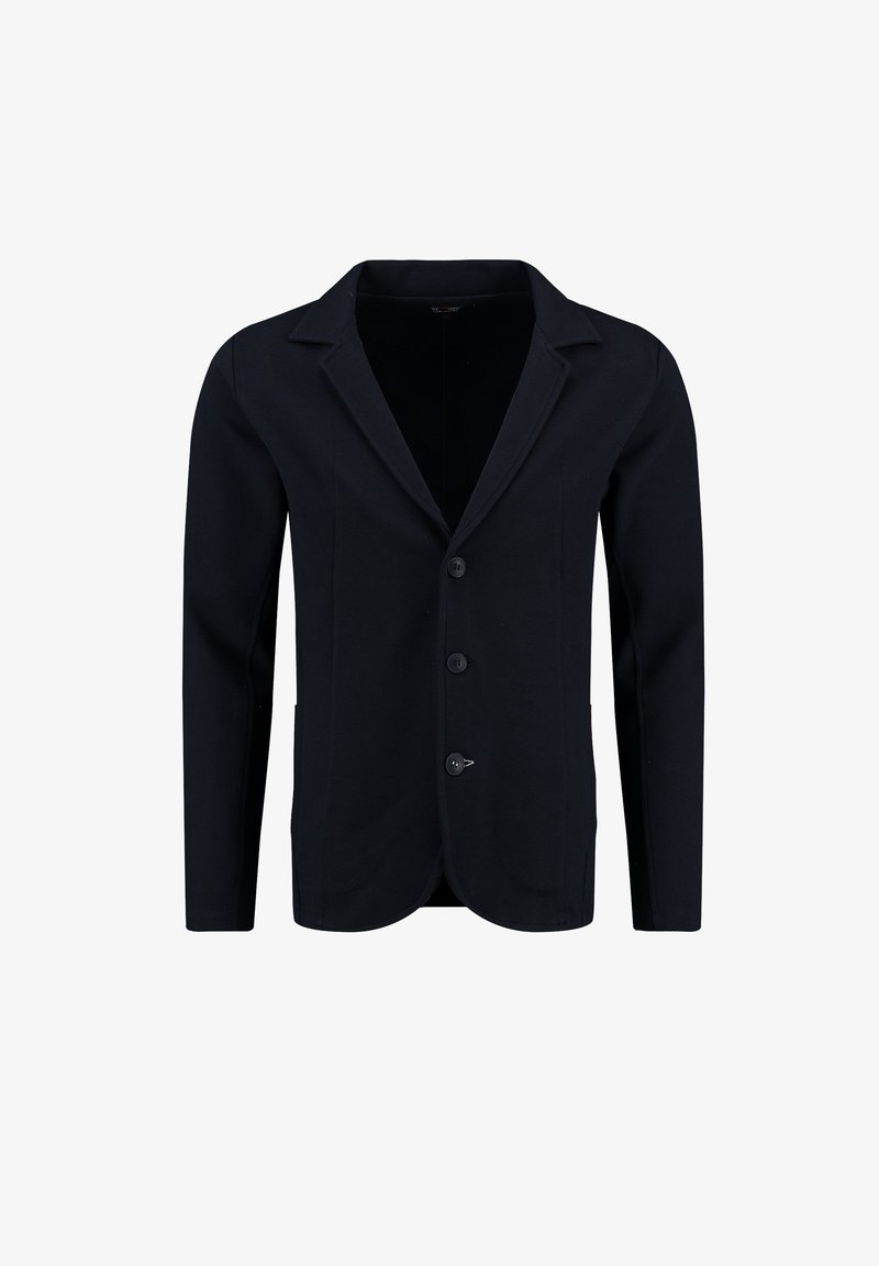 Blazer blu navy con un design classico, dotato di rever a punta, quattro bottoni e un tessuto strutturato, che offre una silhouette definita.