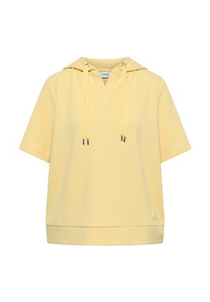 Żółta teksturowana bluza z kapturem i krótkim rękawem, ze sznurkami z przodu i małym logo blisko dolnego brzegu.