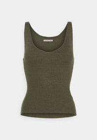 Top a canottiera di colore verde oliva, con coste, scollatura profonda e spalline larghe. Design aderente che si assottiglia verso l'orlo. Etichetta del brand visibile all'interno.