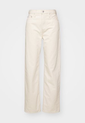 Gaiši pelēkas platās kājas džinsi, izgatavoti no denim, ar augstu jostasvietu, piecu kabatu dizainu un izšūtām detaļām gar šuvēm.