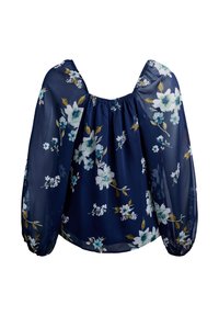 Blusa floreale navy realizzata in tessuto leggero e trasparente. Caratterizzata da maniche a palloncino e un collo arricciato con motivi floreali blu e bianchi.