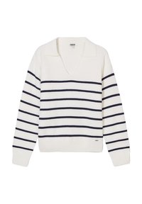 Maglione crema con righe orizzontali blu navy, colletto a V, maniche lunghe, polsini e orlo a costine, realizzato in morbido tessuto a maglia.