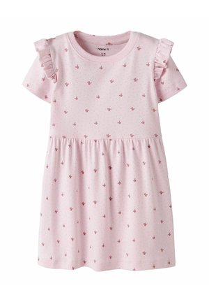 Robe rose clair pour tout-petit avec petit imprimé floral rouge, manches courtes à volants et taille froncée, taille EU 92/US 2T.