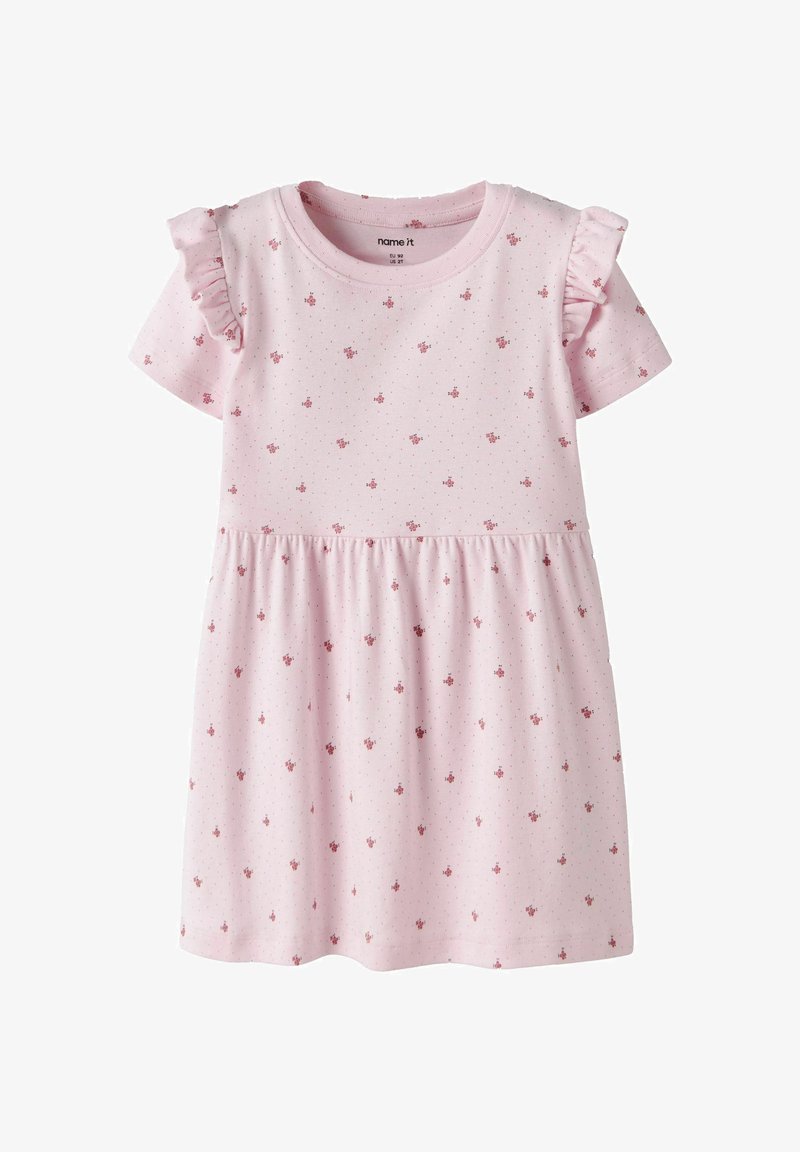 Robe rose clair pour tout-petit avec petit imprimé floral rouge, manches courtes à volants et taille froncée, taille EU 92/US 2T.