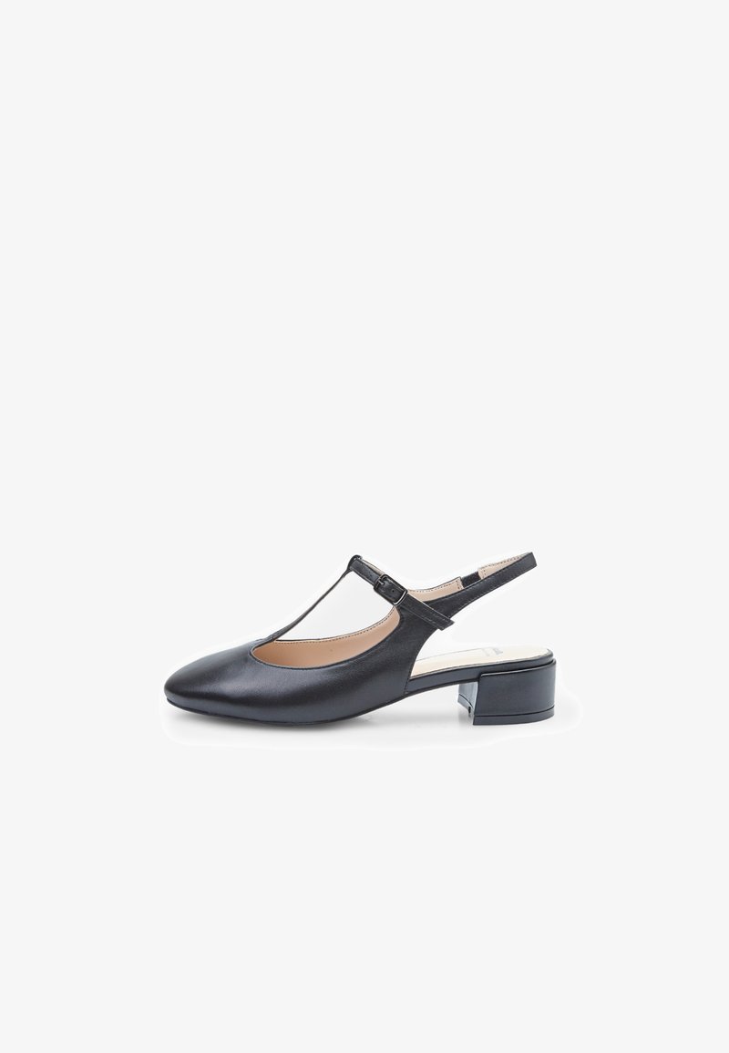 Black leather slingback shoe with a pointed toe, T-strap design, small block heel, and adjustable buckle for secure fit. Smooth texture.