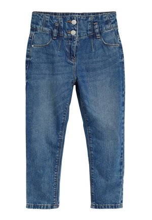 Blauwe spijkerbroek met een hoge taille, twee metalen knopen, lussen voor een riem, voorzakken en rechte pijpen.