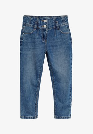 Jean en denim bleu à taille haute, avec deux boutons métalliques, passants pour ceinture, poches avant et jambes droites.