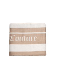 Sciarpa a righe beige e bianche con la parola "Couture" in testo bianco. Tessuto leggero con una texture morbida, piegata ordinatamente.