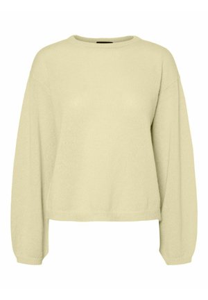 Pull léger jaune, à manches longues, avec un col rond et une coupe décontractée. Le tissu semble doux et confortable. L'arrière-plan est blanc uni.
