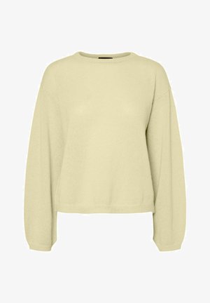 Jasnożółty sweter z długim rękawem, okrągłym dekoltem i luźnym fasonem. Tkanina wydaje się miękka i przytulna. Tło jest białe.