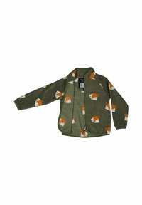 Fleecejacka i olivgrön med orange och vita rävmönster. Har en hel dragkedja och en mjuk textur, designad för värme och komfort.