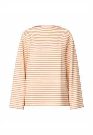 Majica dugih rukava s okruglim izrezom i vodoravnim ružičastim i žutim prugama, prikazana straga na bijeloj pozadini.