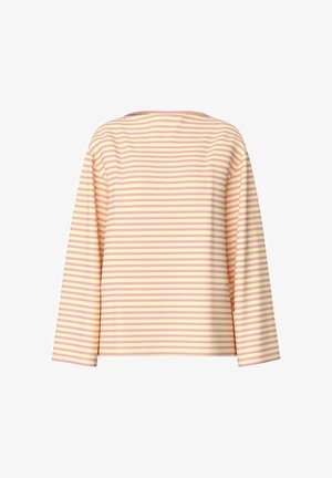 Maglia a maniche lunghe con collo tondo e righe orizzontali rosa e gialle, vista da dietro su sfondo bianco.