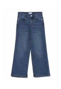 Jeans de pernera ancha en denim azul oscuro; cuenta con cinco bolsillos, un cierre de botón y un dobladillo sin rematar para una textura adicional.