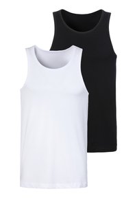 Two tank tops, one white and one black. Made of soft cotton, featuring wide armholes and round necklines. Simple, classic design.