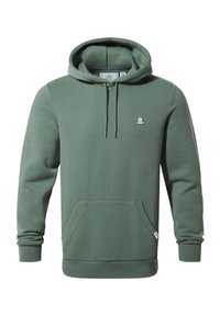 Green pullover hoodie with front pocket, drawstring hood, ribbed cuffs and hem, and small logo on left chest and pocket edge.
