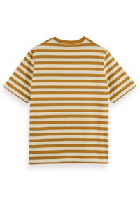 Stribet t-shirt med horisontale striber i sennepsgul og lys fløde; standard rund hals og korte ærmer. Materialet er bomuld.