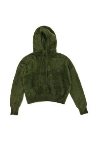 Sudadera corta de color verde oliva hecha de tela suave y texturizada. Cuenta con una capucha con cordón y mangas largas con puños ajustados.