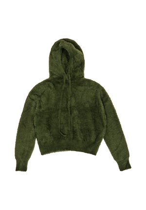 Sudadera corta de color verde oliva hecha de tela suave y texturizada. Cuenta con una capucha con cordón y mangas largas con puños ajustados.